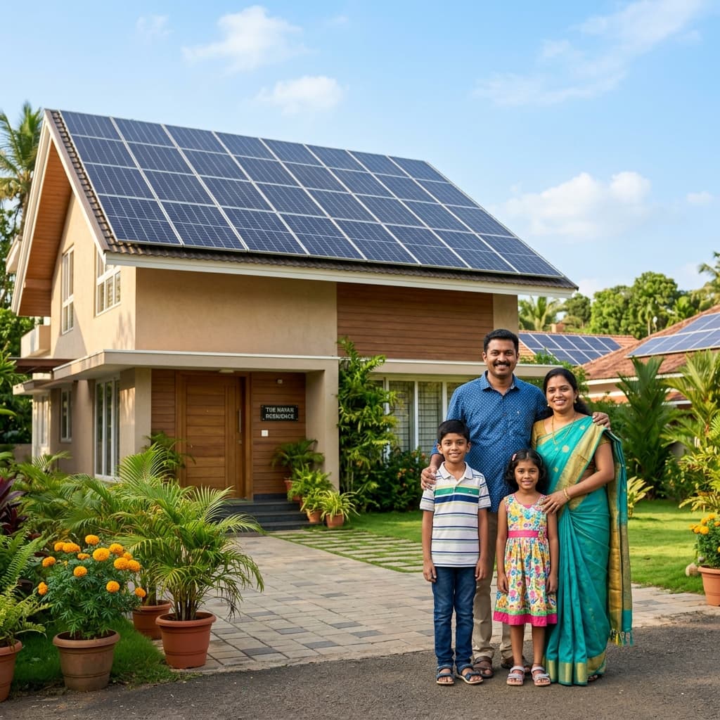 Happy family with solar panels